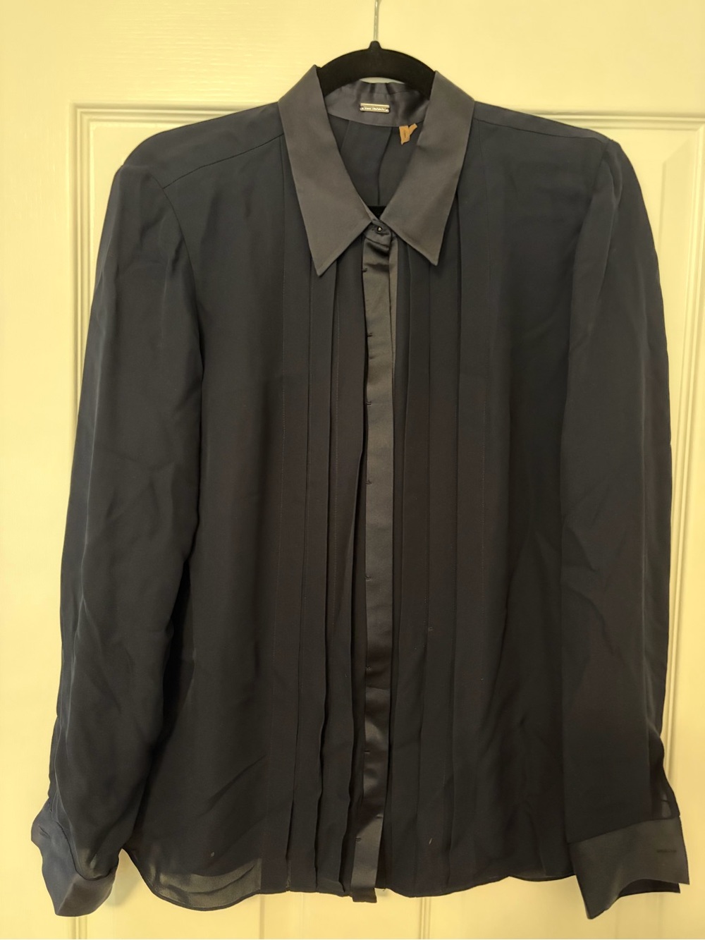 Elie Tahari Navy Pleated Silk Blouse